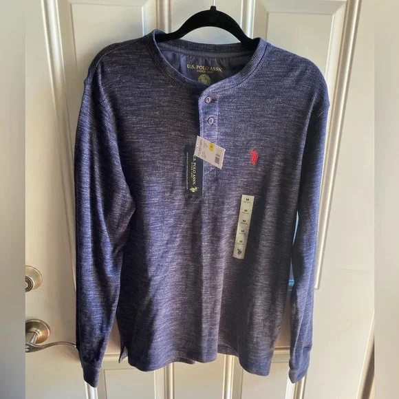 U.S.Polo ASSN Shirt Men's Medium Blue Henley Striated Long Sleeve New With Tags - Picture 3 of 6